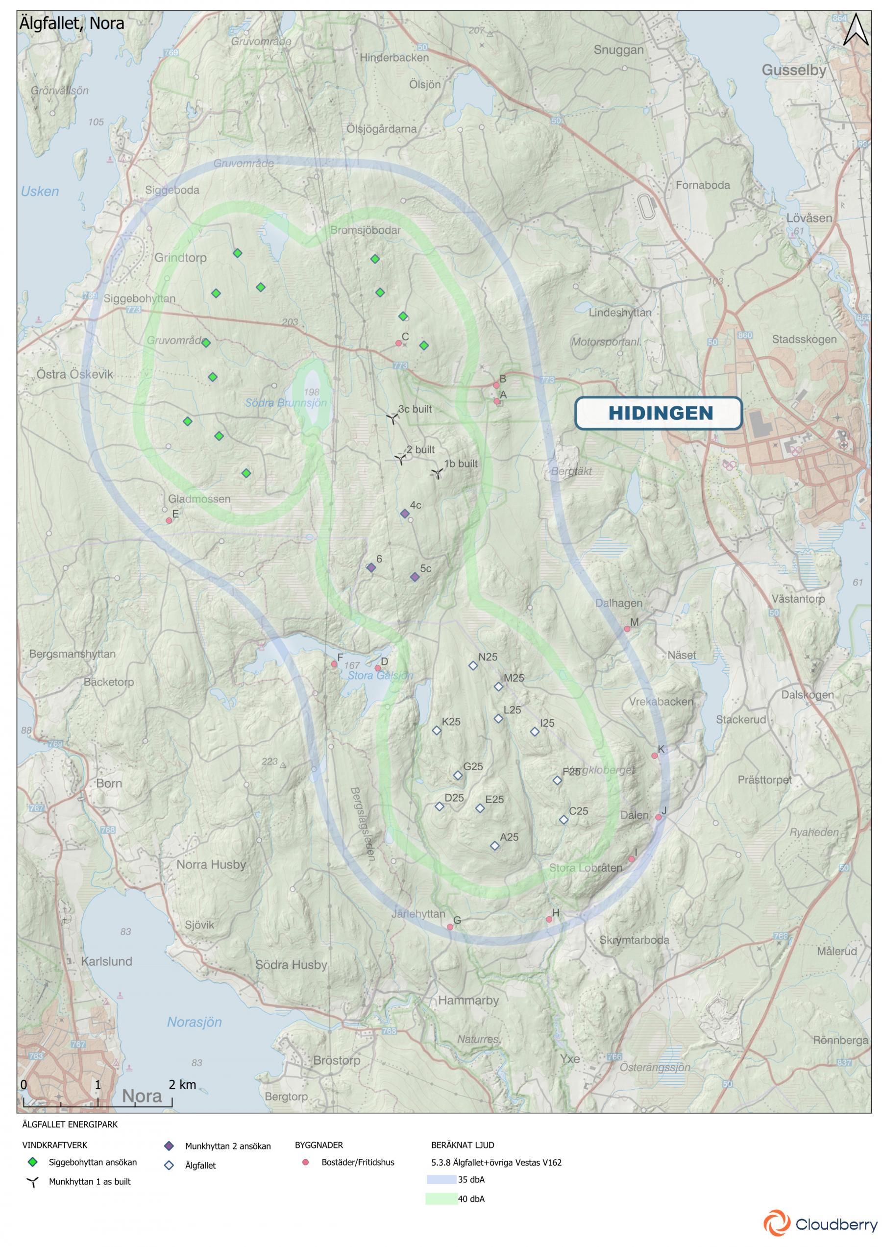 Cloudberrys ljudutbredningskarta Hidingen