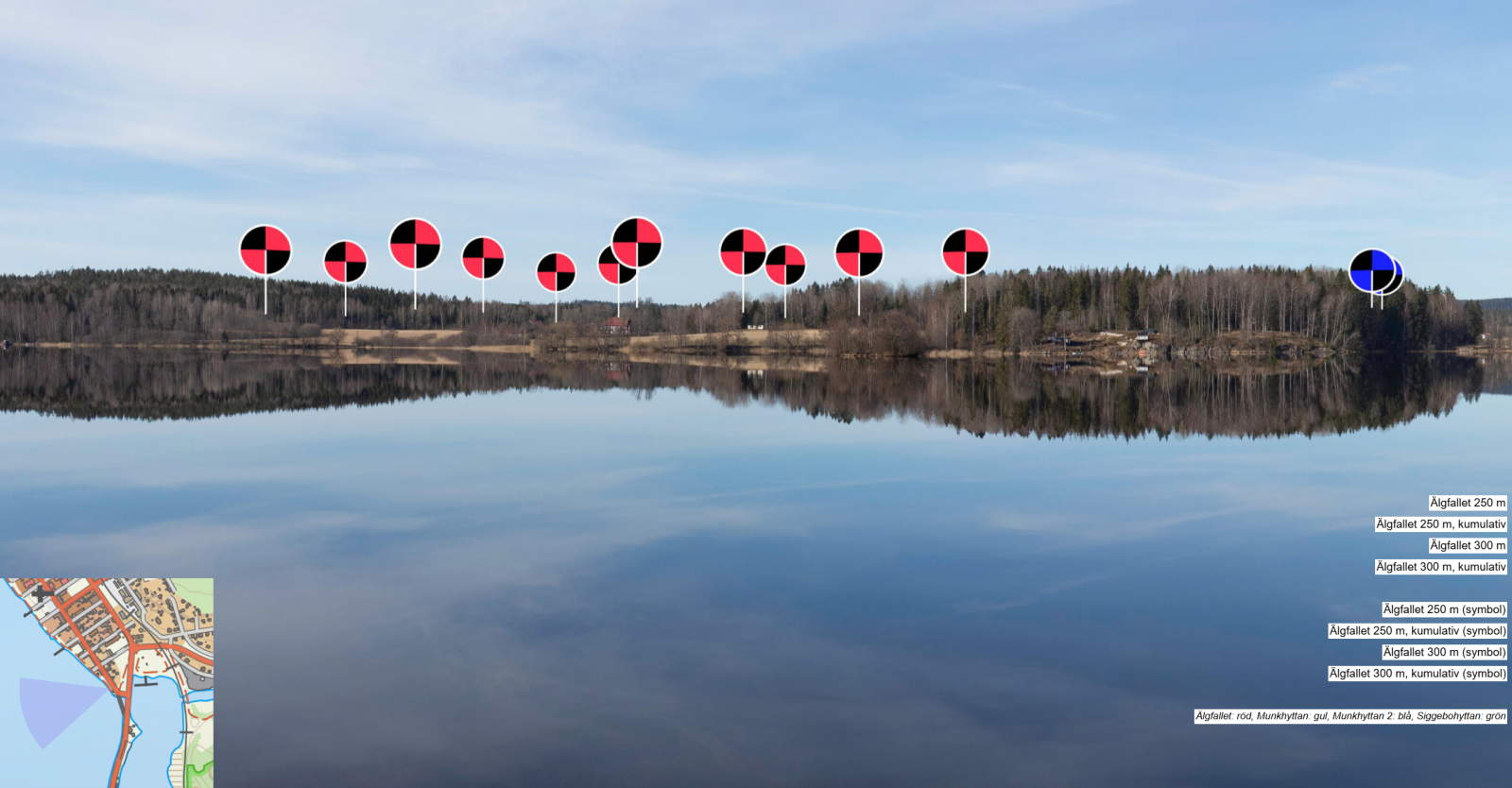 Symboler som visar vindkraftverkens placering vid Lindesbergs strandpromenad mot Älgfallet