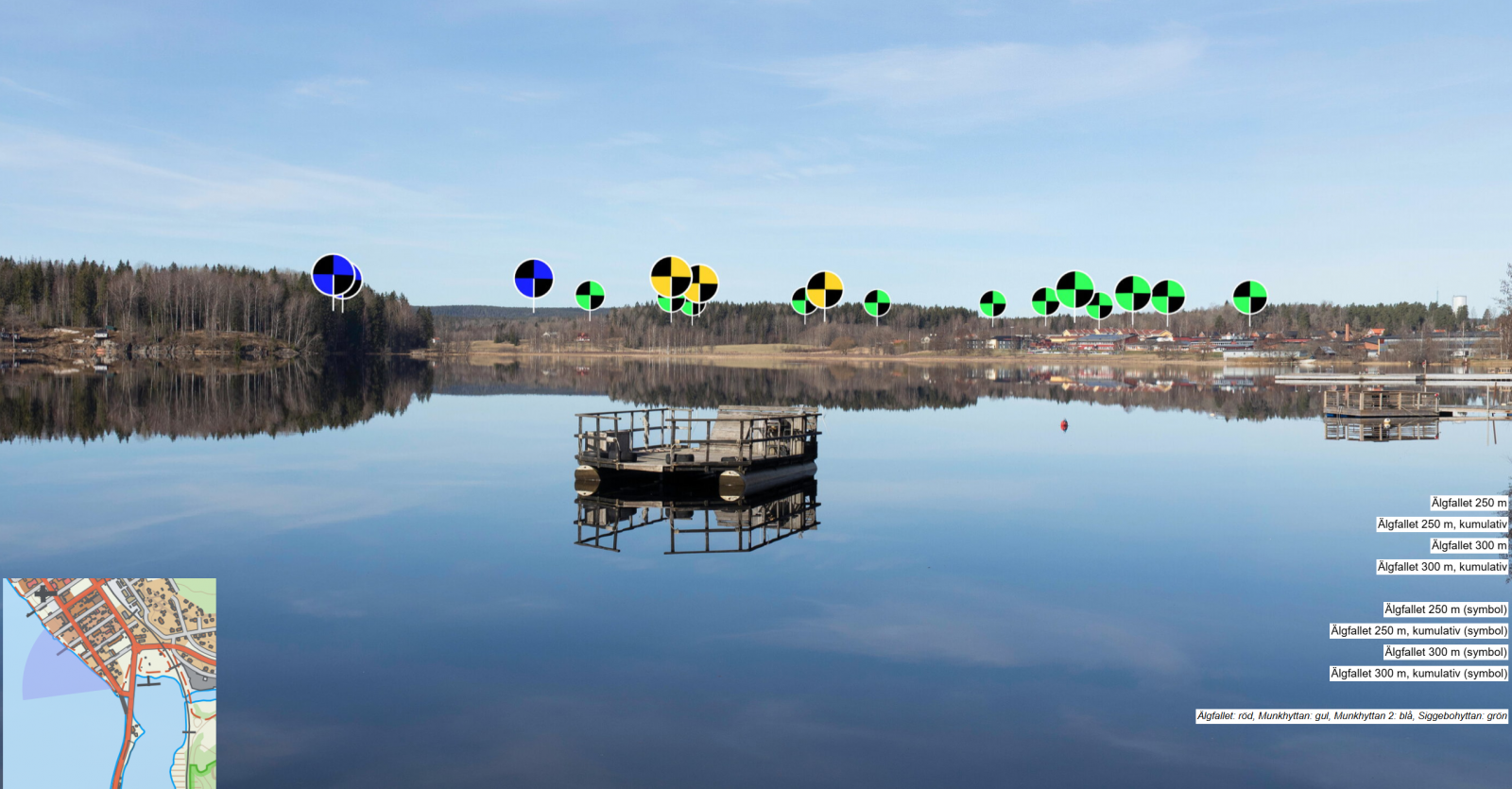 Symboler som visar vindkraftverkens placering vid Lindesbergs strandpromenad