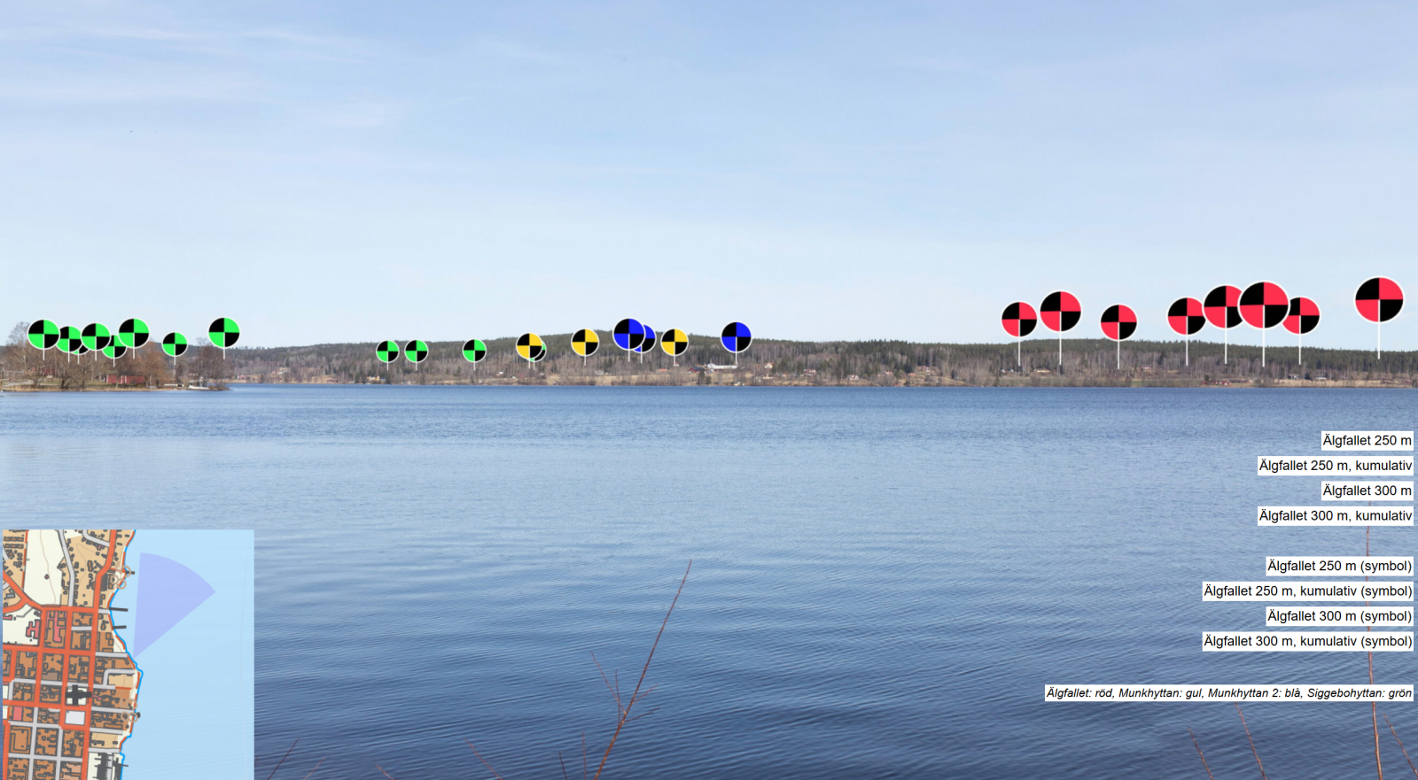 Symboler som visar vindkraftverkens placering vid Nora strandpromenad
