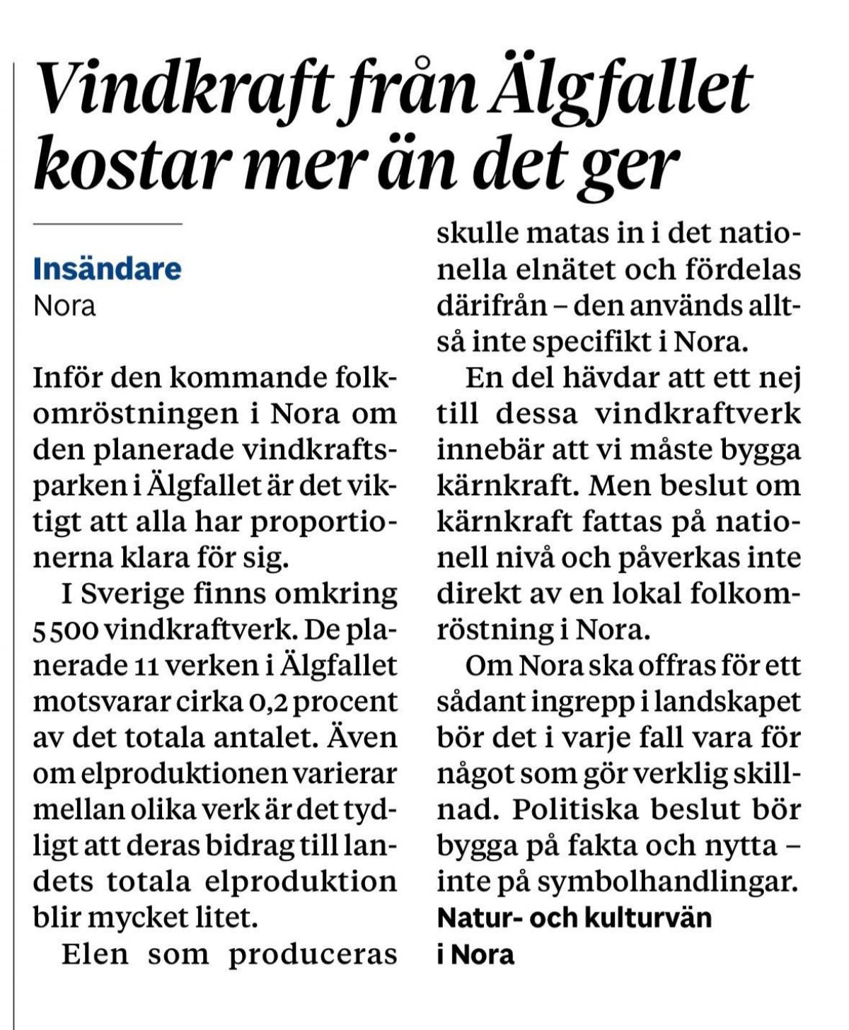 Vindkraft från Älgfallet kostar mer än det ger - insändare NA