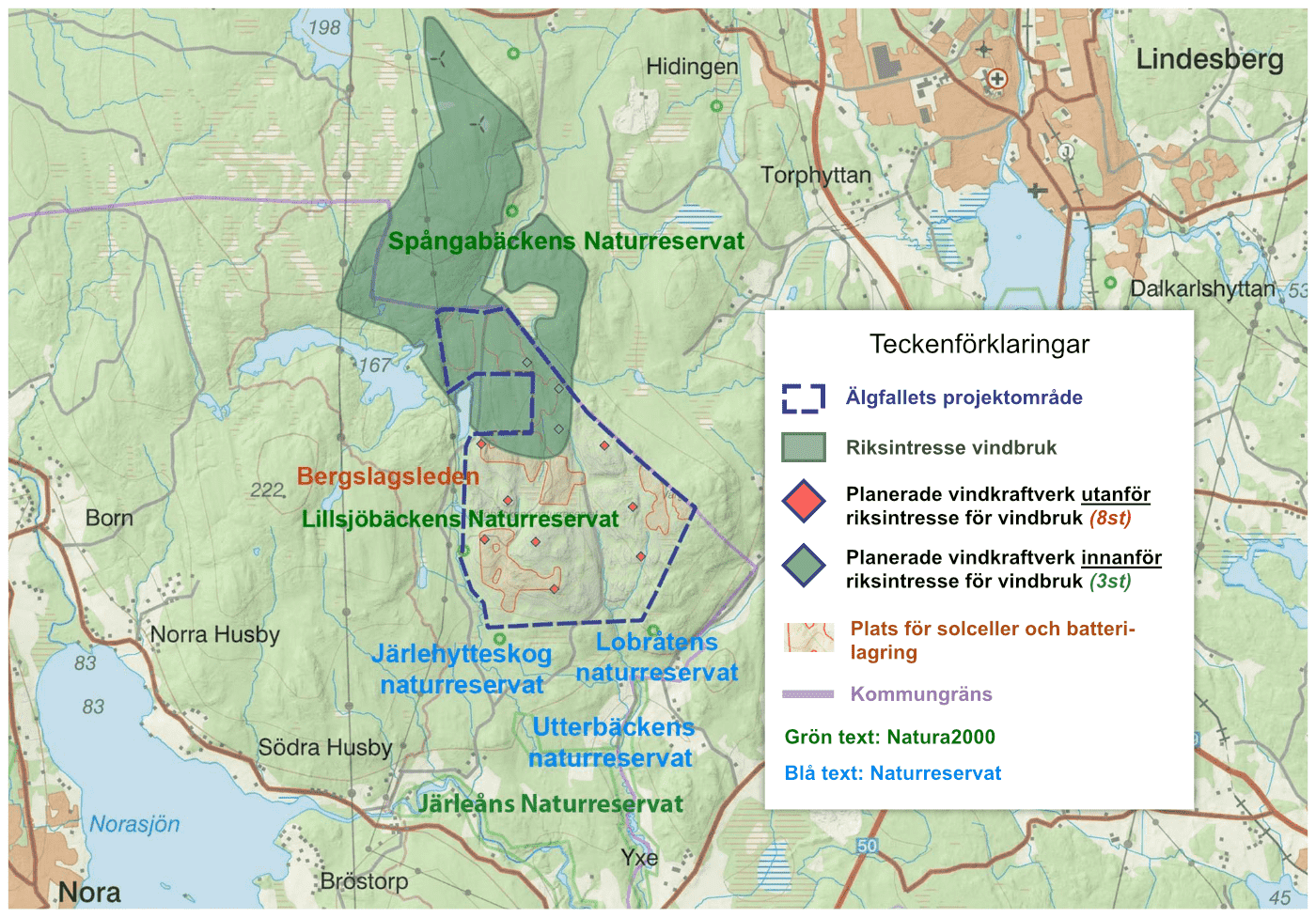Riksintresse för vindbruk Nora Kommun, med Naturreservat utmarkerade